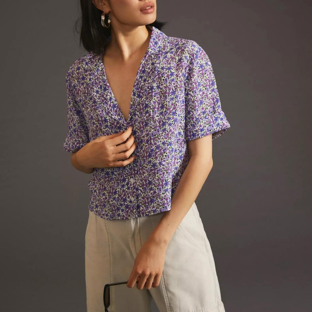 Favorite Daughter Lavender Floral Short-Sleeve Button-Down Crop